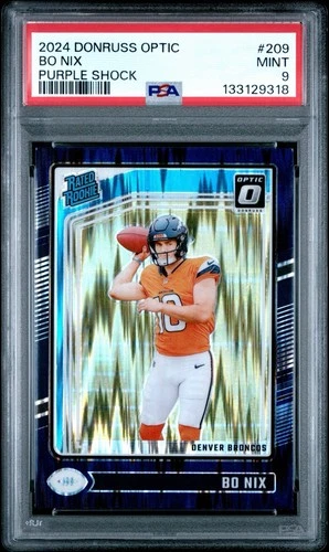 2024 Panini Donruss Optic Rated Rookie Bo Nix #209 Purple Shock Prizm (RC) PSA 9
