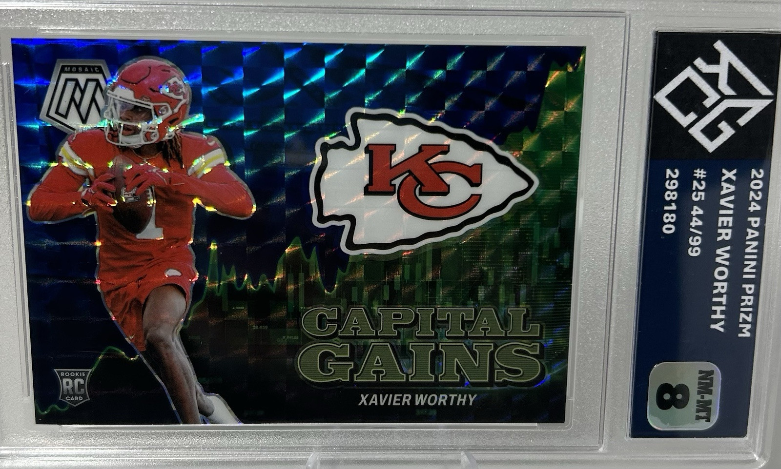 2024 Panini Mosaic Xavier Worthy Blue Prizm Capital Gains SP /99 Chiefs RC #25