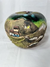 Equator Sculpture Picture Figurine Depicts Village, Llamas, Fruit SIGNED 8x8”