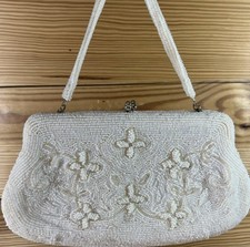 Vtg 50s 60s Floral Beaded Purse Cream Handbag Evening Ivory Clutch Japan 9inx5in