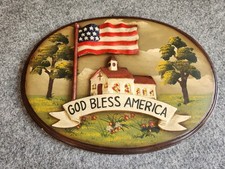 God Bless America July 4th Decor - 3D Wood - Vintage 16" Hand Painted Folk Art