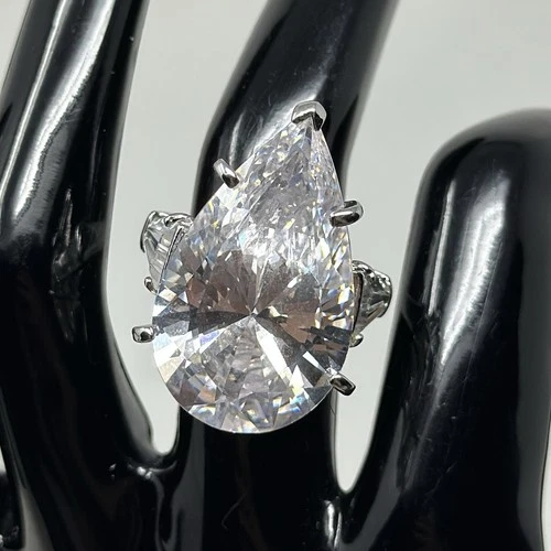 Vintage 925 Sterling Silver Pear Cut Crystal Ring Baguette Accents Size 6
