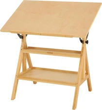 Wood Drafting Table for Adults, Drawing Table with Adjustable Angle & 2-Tier Sto