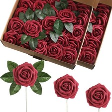 100 Pieces Artificial Foam Rose Flowers Faux Bouquet with Leaves and Stems fo...