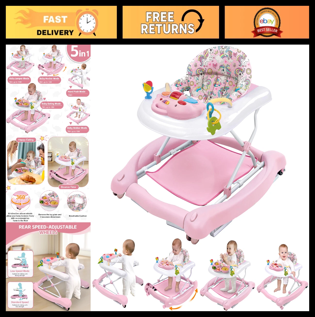 Foldable 5-in-1 Baby Activity Walker & Rocker - Bouncer, Push Walker, Adjustable
Opens in a new wind