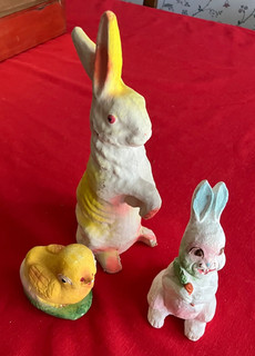 3 Chalkware & Papier Mache 1940's Easter Figures Candy Holder