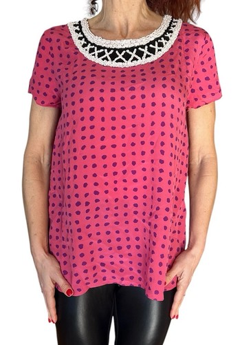 Moschino Cheap and Chic, VINTAGE MOSCHINO CHEAP & CHIC SILK BLOUSE PINK POLKA DOT BEADED SHORT SLEEVE 10