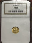 1853, United States. Beautiful Gold $1 Dollar "Liberty Head" Coin. NGC MS-61!