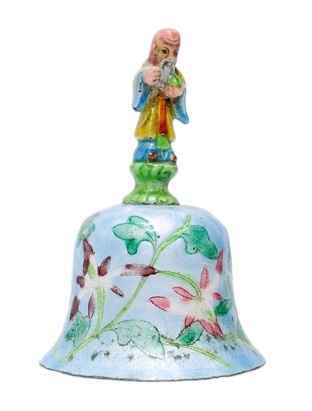Antique Qing Dynasty Chinese Floral Enamel Bell Taoist Immortal Figure