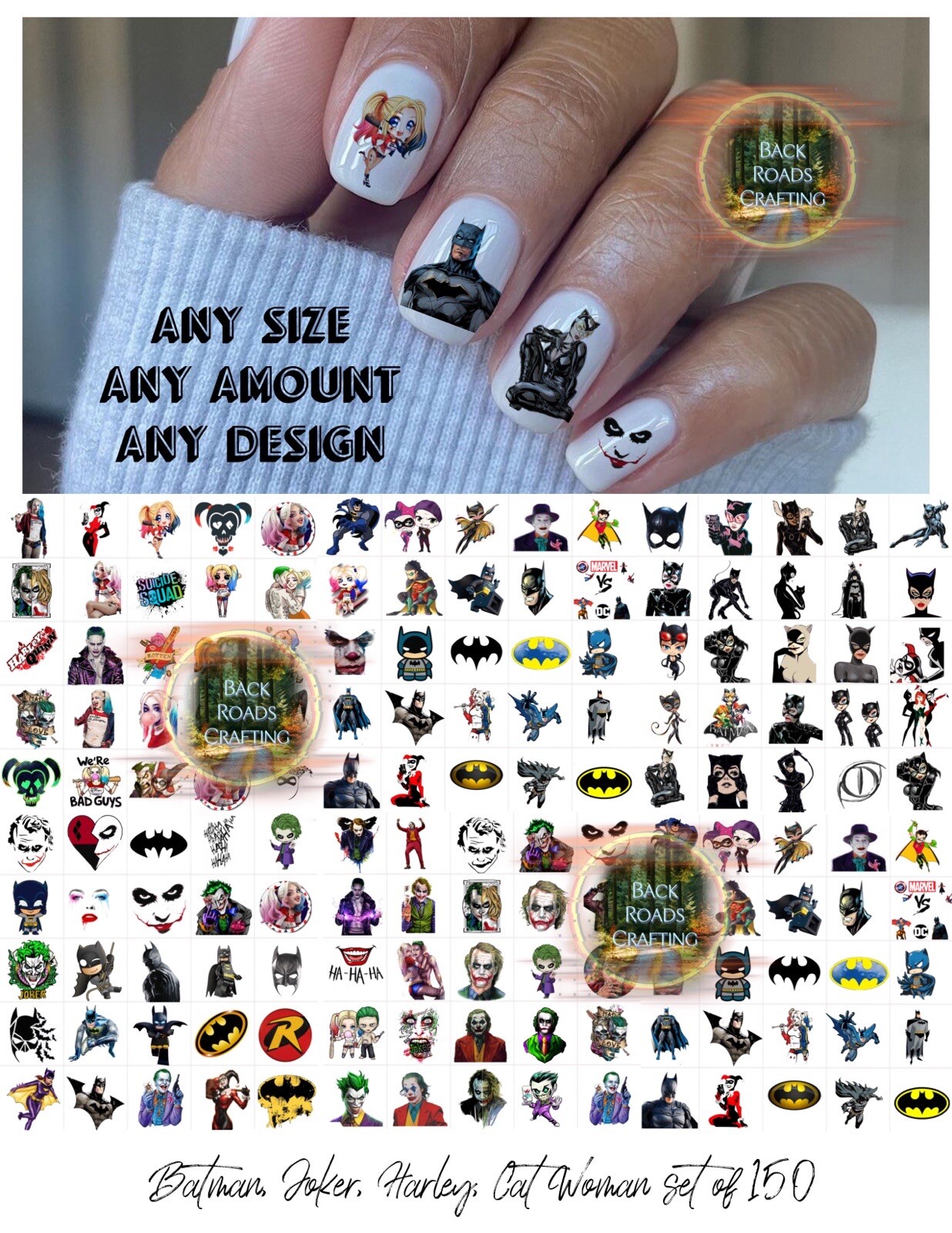 Batman CatWoman Joker Harley Quinn Waterslide Nail Art Decals Set Of 150