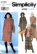 Simplicity 5790 Lined Coat in Two Lengths & Scarf Sewing Pattern Size 12 to 20