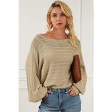 Openwork Boat Neck Lantern Sleeve Sweater