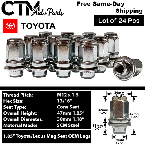24Pc 1.85" TALL CHROME TOYOTA 4RUNNER TACOMA OEM FACTORY LUG NUT MAG SEAT 12x1.5