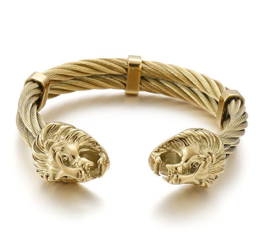 86g Mens Biker Lion Head Bracelet Stainless Steel Twisted Cable