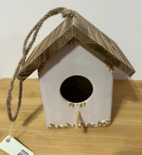 White Ceramic Distressed Wooden Top Birdhouse Indoor/Outdoor Use 6X6X7” NEW