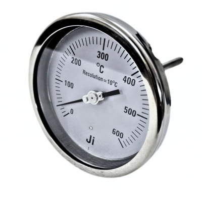 ''Ji'' Bimetal Dial Thermometer, 4'' Dial, 0 600°C, 6'' Stem, Back Entry, SS Body