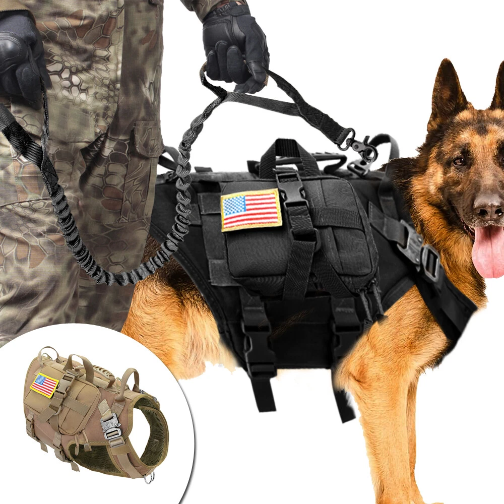 Large Tactical Dog Harness+Detachable Bag+Lead Molle Military Vest  Dobermans M L