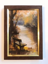 Original Oil Painting  Autumn Landscape  Hand-Painted Bench Park Gift  Fram