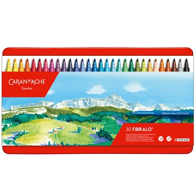 CARAN D'ACHE Caran d’Ache Fibralo 30 bolígrafos de color con punta de fibra soluble en agua — estaño de metal