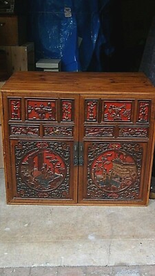 ANTIQUE19c CHINESE WOOD CARVED LACQUERED 2 -DOOR CABINET W/ 5