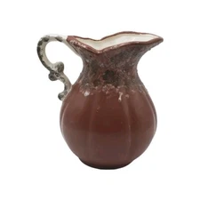 Brown White Drip Glaze Signed Art Pottery Pitcher Vase with Handle Farmhouse 5"H