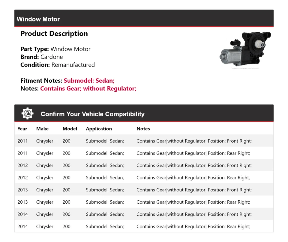 Para Chrysler 200 2011-2014 sedán ventana motor cardone 2012 2013 Foto 2 de 4