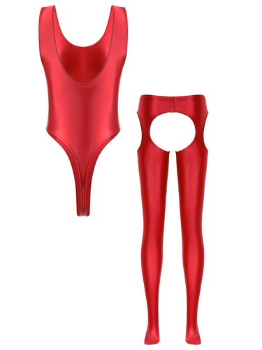 UK Women 2 Piece Outfits Glossy High Waist Pantyhose with High Cut Bodysuit Set - Picture 51 of 104