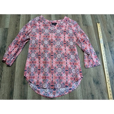 Fred David Blouse Women Small Pink Red Medallion Henley 3/4 Sleeve Top Excellent