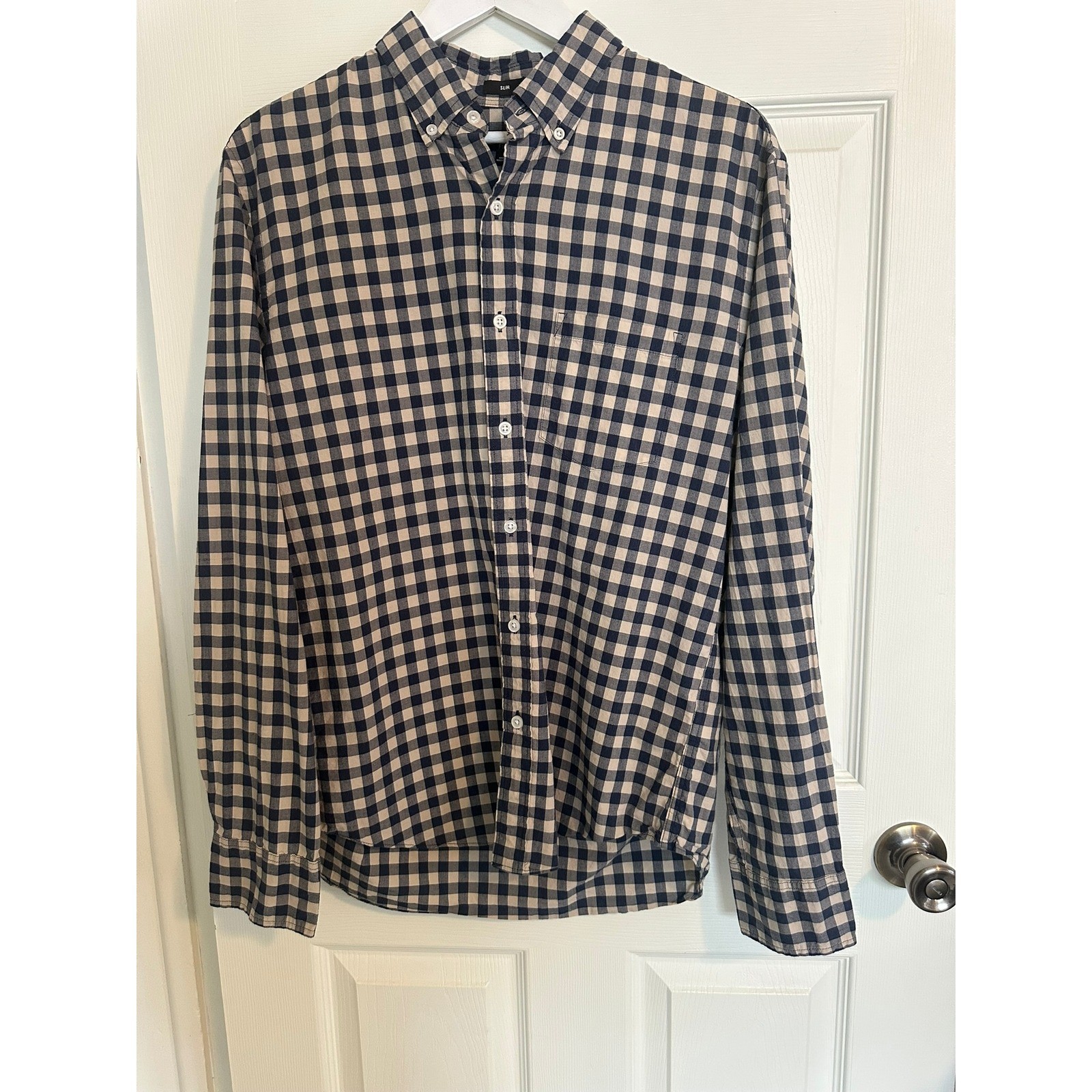 J.Crew Mens Navy Tan Gingham Check Button Down Shirt Long Sleeve Slim Fit L