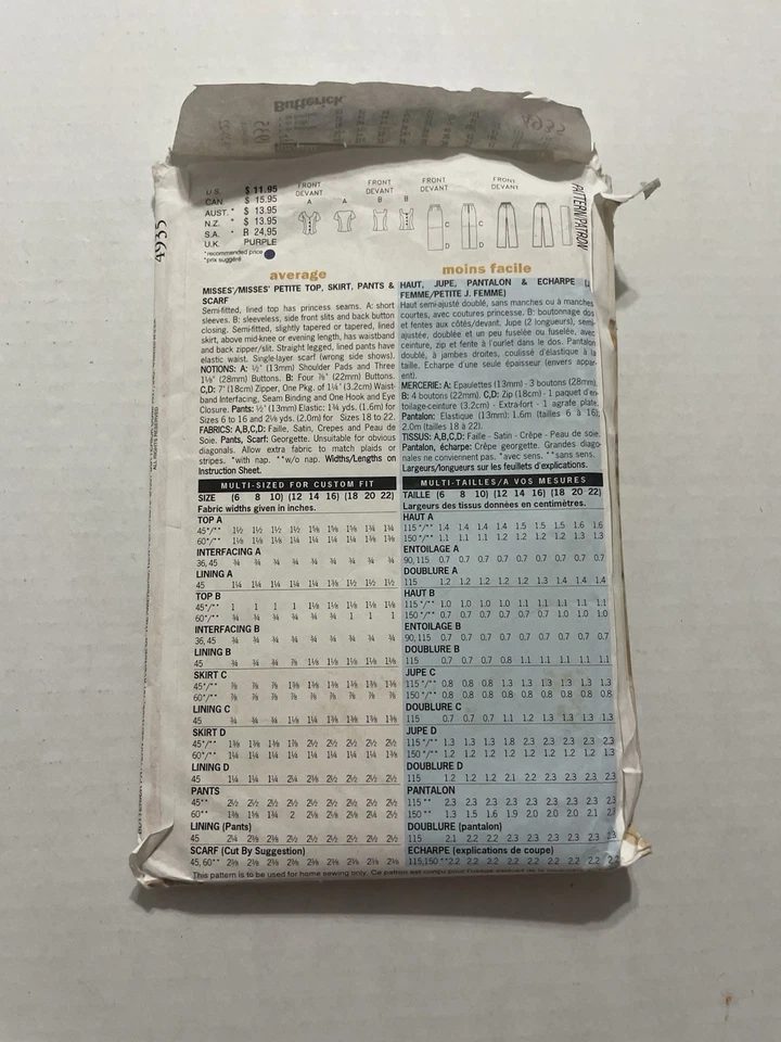 Butterick Sewing Pattern 4935 Donna Ricco Top Skirt Pants Scarf Cut Size 22 - Image 2 of 2