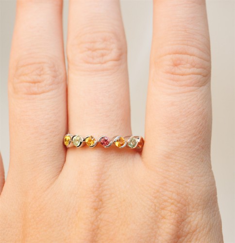 Size 9.25 Fancy Color Green Yellow Orange Sapphire Band Sterling Silver Ring - Picture 9 of 9