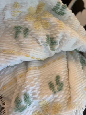 Vintage Full Size Chenille Bedspread Coverlet White Yellow Floral Made In USA