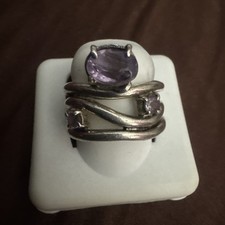 PURPLE AMETHYST 925 STERLING SILVER MULTI STONE RAISED OPENWORK STYLE RING