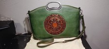 Artisan Genuine Leather Boho Handbag Green Tooled Medallion Purse