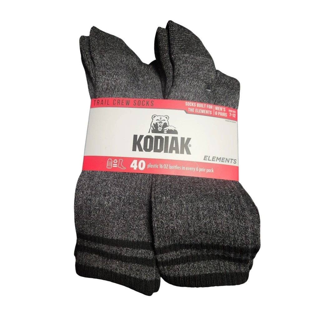 KODIAK TRAIL CREW SOCKS MEN'S 7-12 6 PAIRS DARK GRAY HEATHERED MOISTURE WICKING