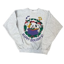 Vintage 90s Disney Mickey Mouse Christmas Sweatshirt Gray Happy Holidays MEDIUM