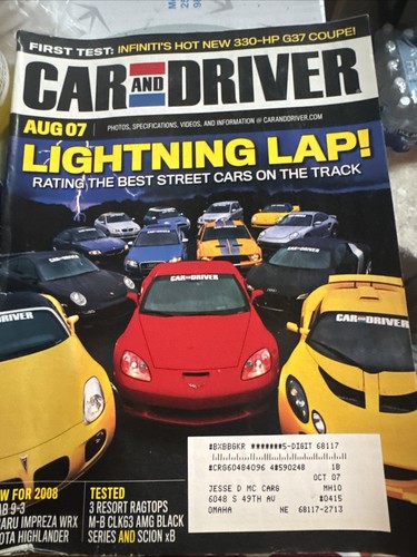 AUGUST 2007 CAR AND DRIVER MAGAZINE INFINITI G37, SUBARU IMPREZA WRX B5