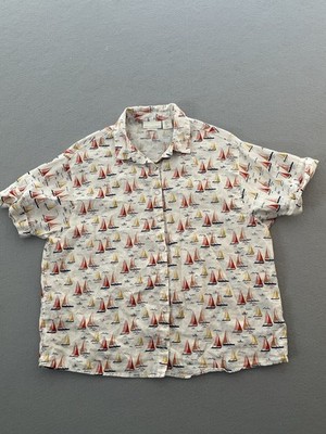 Cynthia Rowley Womens Linen Button Up Top Size LG Sail Boat Beachy Multicolor