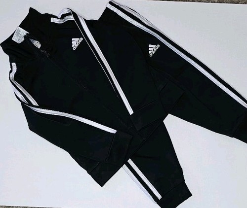 Adidas Boys Black Track Suit With White Stripes, Jacket and Pants, Size 5