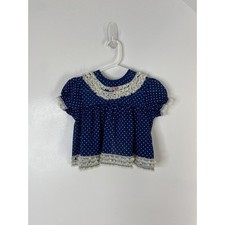 Vintage 1980  s Blue W/ White Polka Dots Lace Ruffle Infant Dress Sears Baby