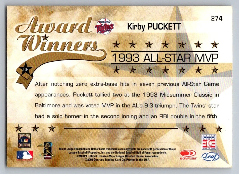 2002 Leaf Rookies & Stars - Award Winners Kirby Puckett #274 - Image 2 of 2