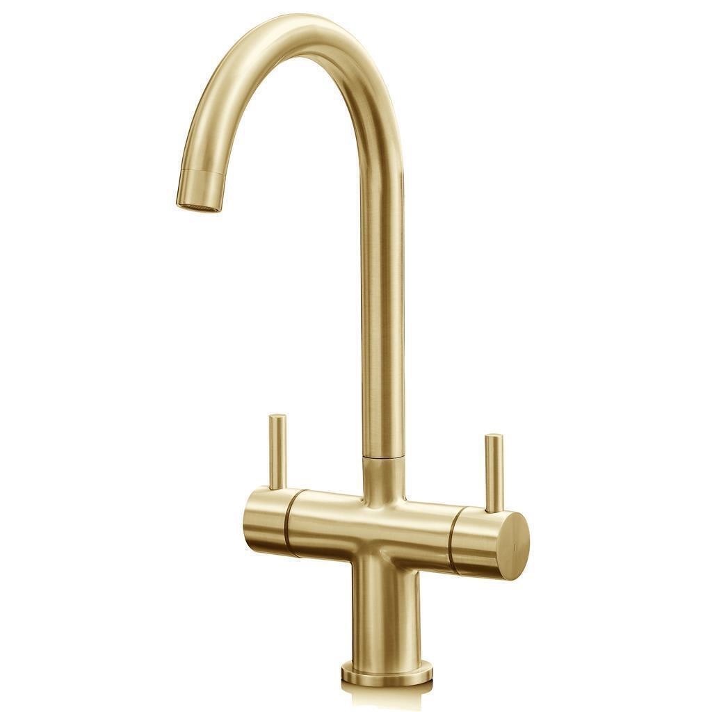 Liquida W03BG Brushed Gold Swan Neck Twin Lever Kitchen Tap