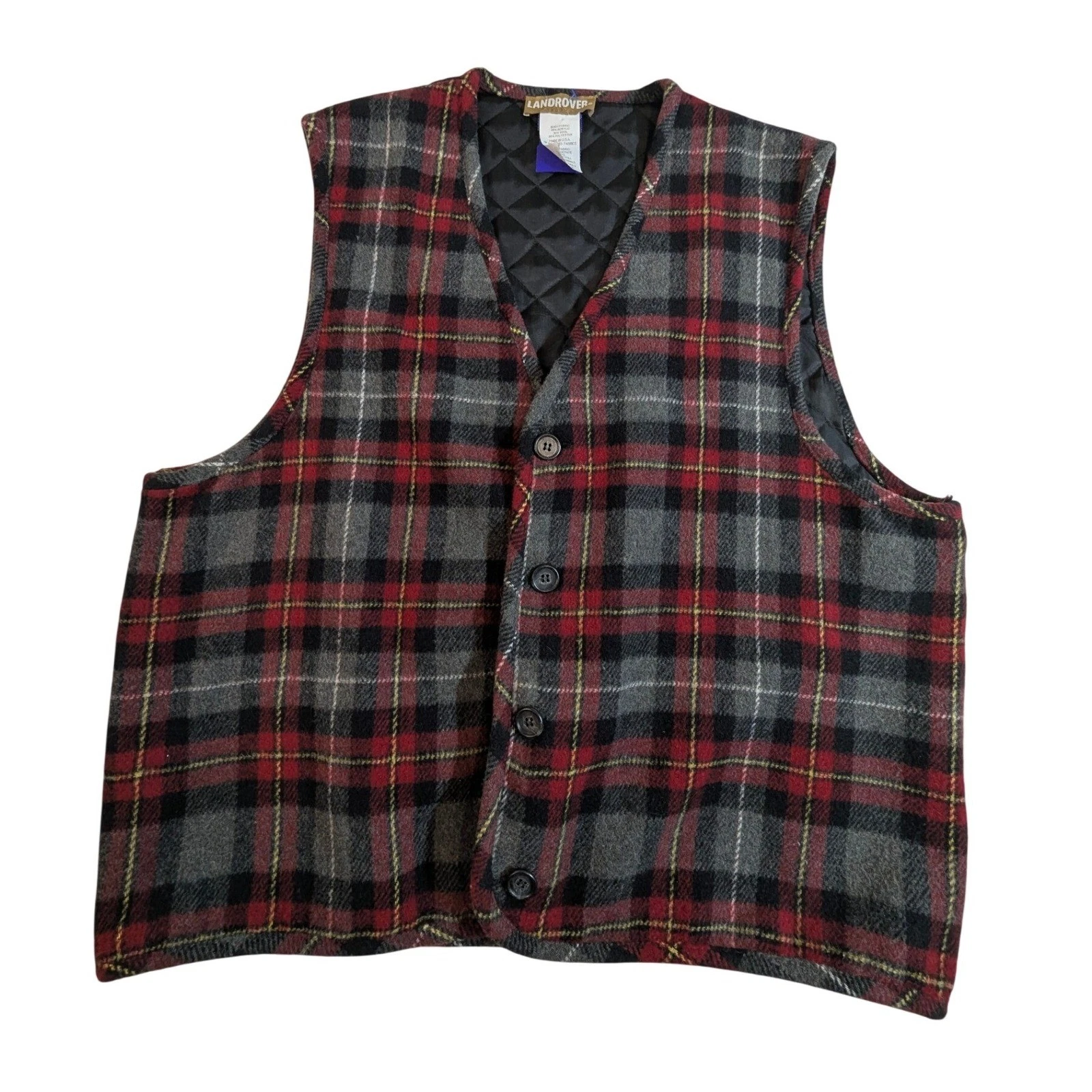 Landrover Plaid Wool Blend Quilted Lined Button Vest Red Gray Unisex L