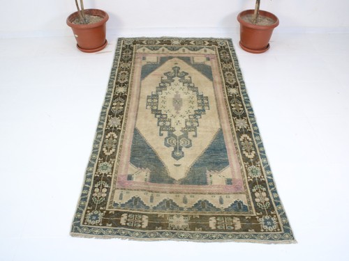 3.6x7.1 ft Vintage Turkish Handmade Wool Rug – Beige Blue Oriental Carpet - Boho