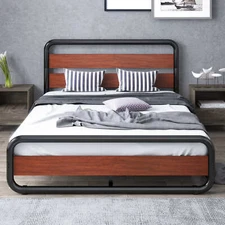 Full Size Metal Bed Frame with Wooden Headboard & Footboard, Duty Frame, Walnut