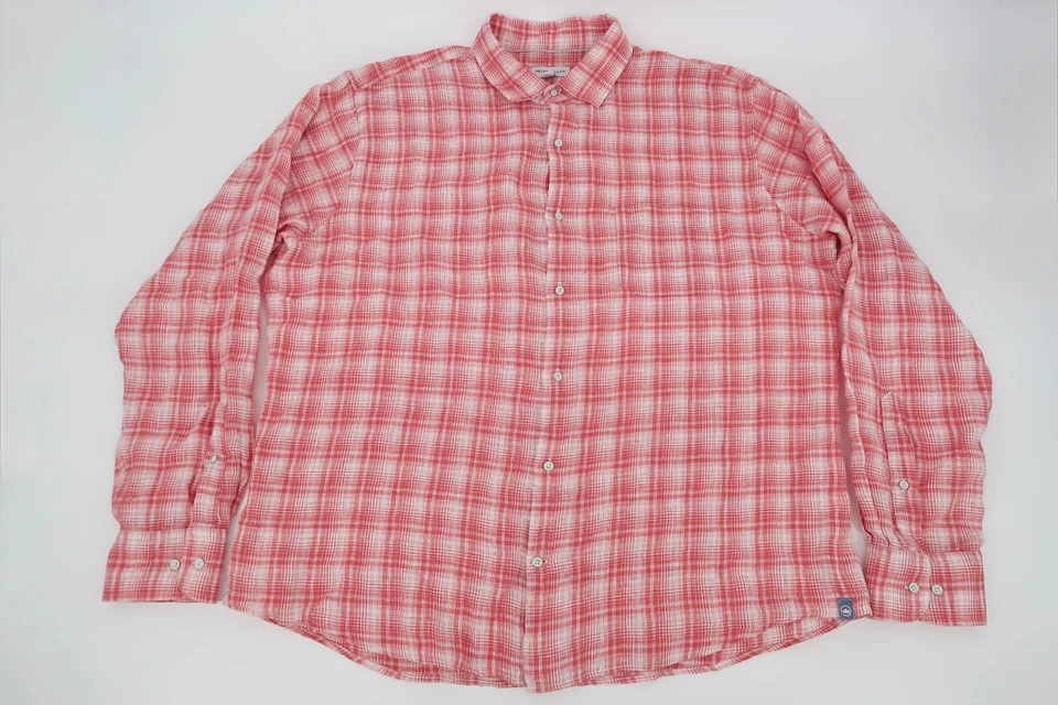 Camisa Deportiva Peter Millar Para Hombres XL Suncrest Lino Manga Larga Rojo Botón a Cuadros Foto 2 de 4