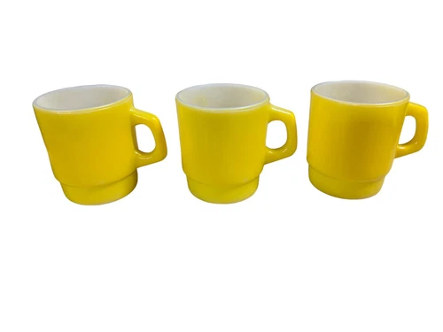 (3) Vintage Anchor Hocking Fire King D-HANDLE Coffee Cup Mug 10oz yellow