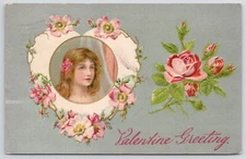 1909 Valentine Postcard  Lovely Girl in Floral Heart Frame Roses