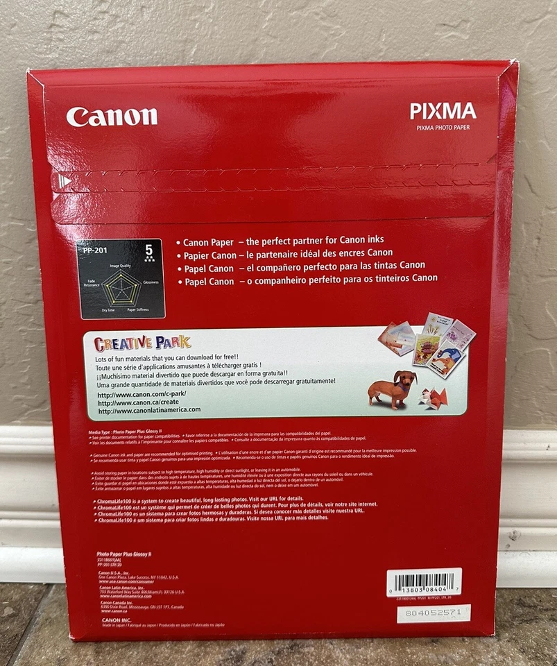 Papel Fotográfico Canon PP-201 Pixma Plus Brillante II 8.5" x 11" 20 Hojas Nuevo Sellado Foto 2 de 2