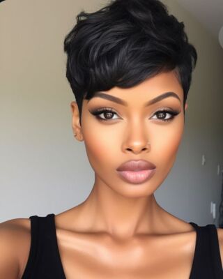 Pixie Cut Wigs for Black Women with Bangs Black Color Short Wave Human Hair Wigs